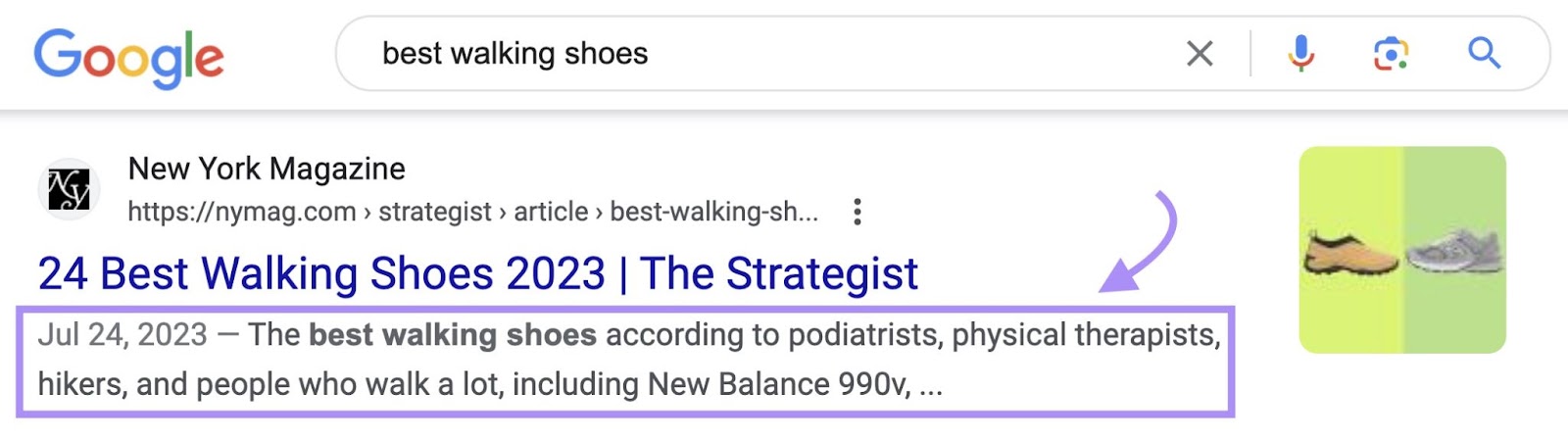 A meta description highlighted under the New York Magazine's article on best walking shoes for 2023