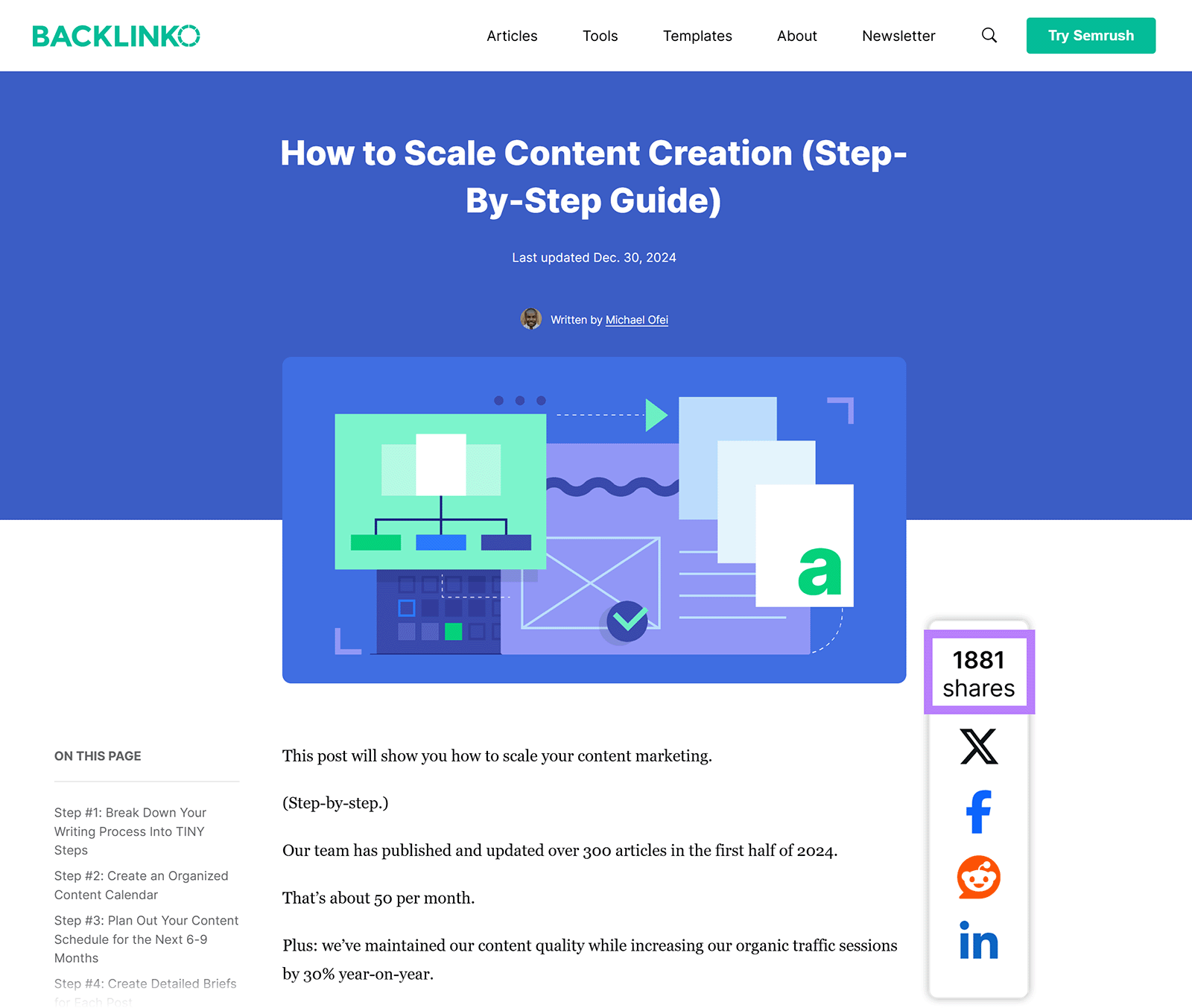 What Is Organic SEO? And How to Get Started in 2025 10 Backlinko article on how to scale content creation with 1881 share highlighted in right column Share widget