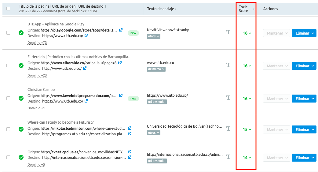 Linkbuilding de calidad - Toxic Score SEMrush