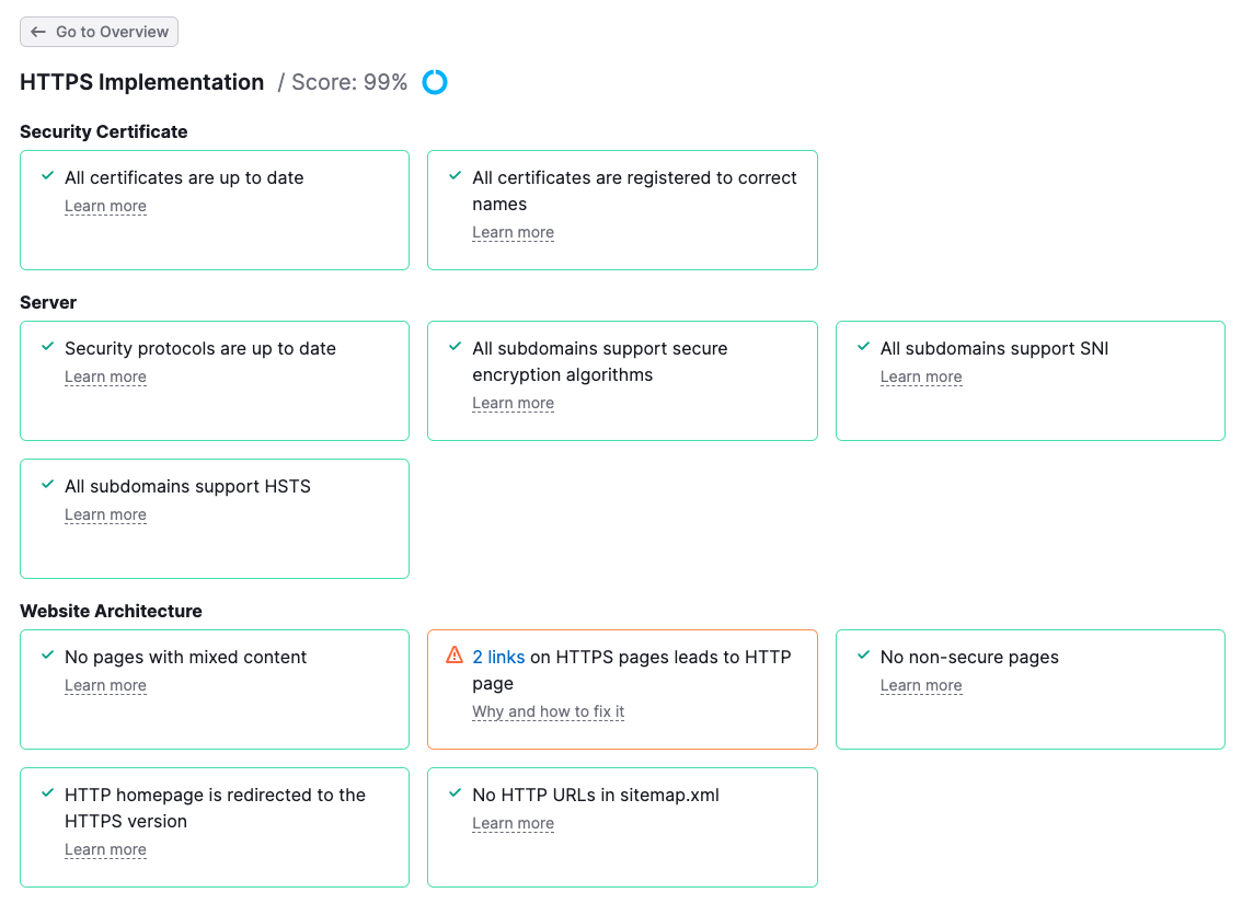 “HTTPS Implementation” report in Site Audit