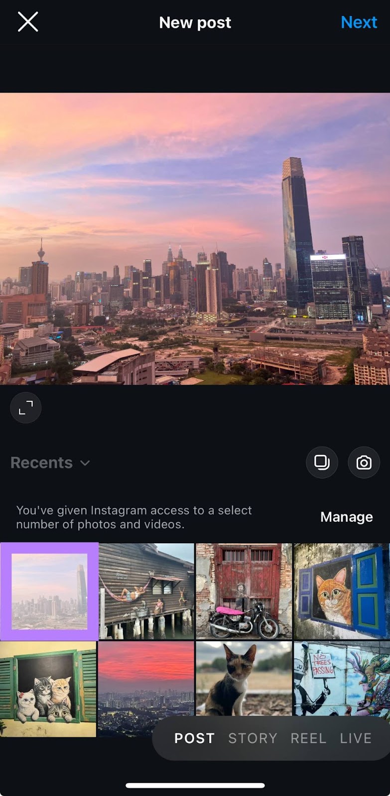 "New post" model   connected  Instagram with media selected for posting.