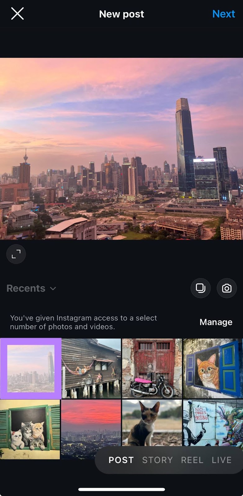 "New post" window on Instagram with media selected for posting.