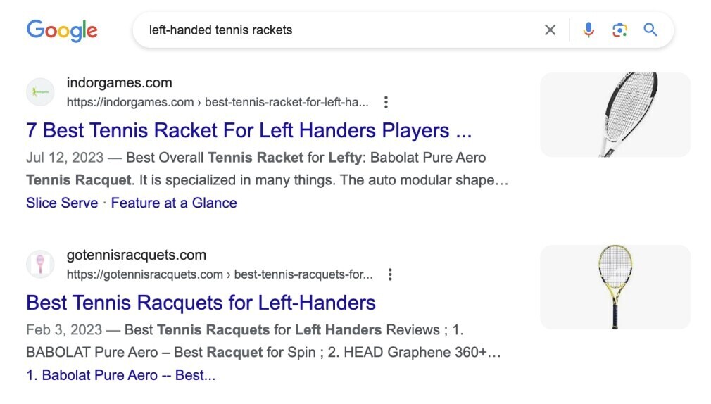 Google search for “left-handed tennis rackets”