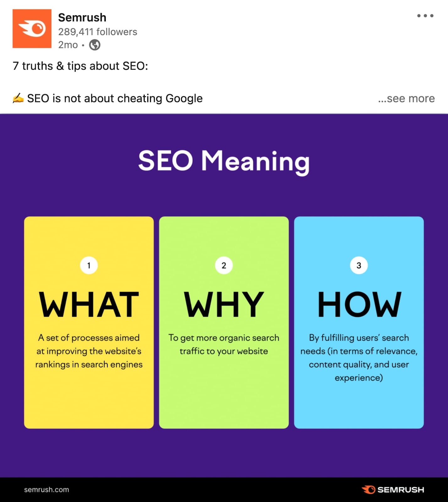 Semrush's LinkedIn post on "7 truths & tips about SEO" including an “SEO meaning” image
