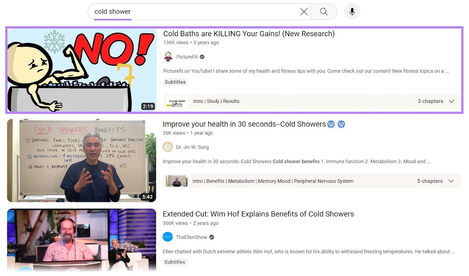 YouTube search results for the query "cold shower"