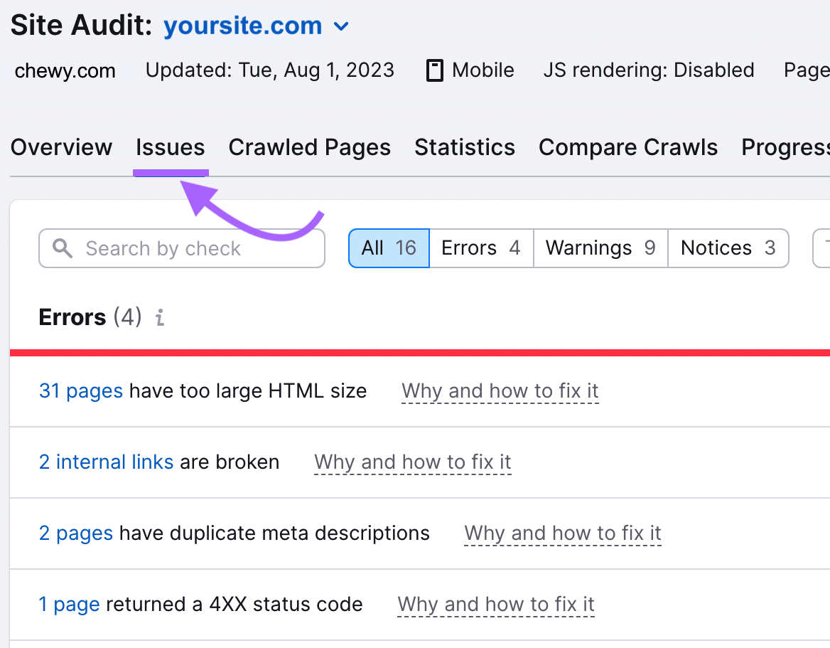 "Issues" tab in the Site Audit tool