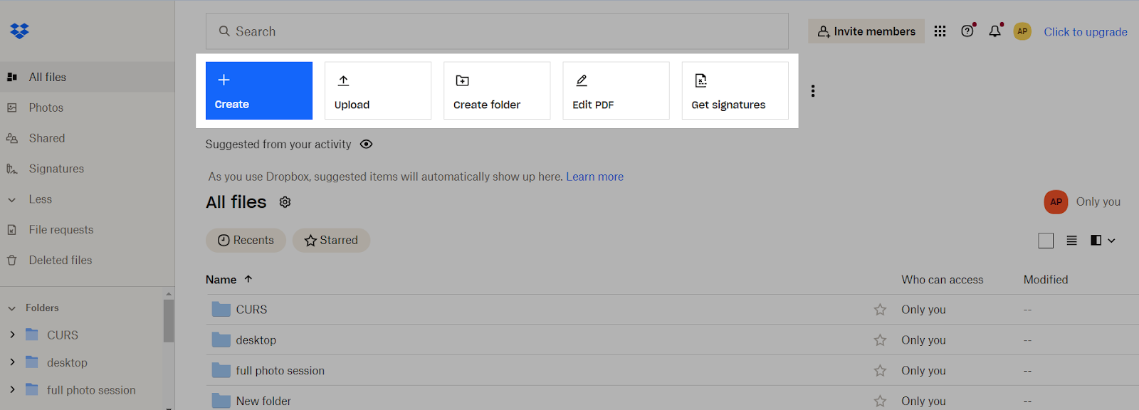 Dropbox dashboard showing an overview of each  files and ocular  icons to click specified  arsenic  create, upload, edit PDF and get   signatures.