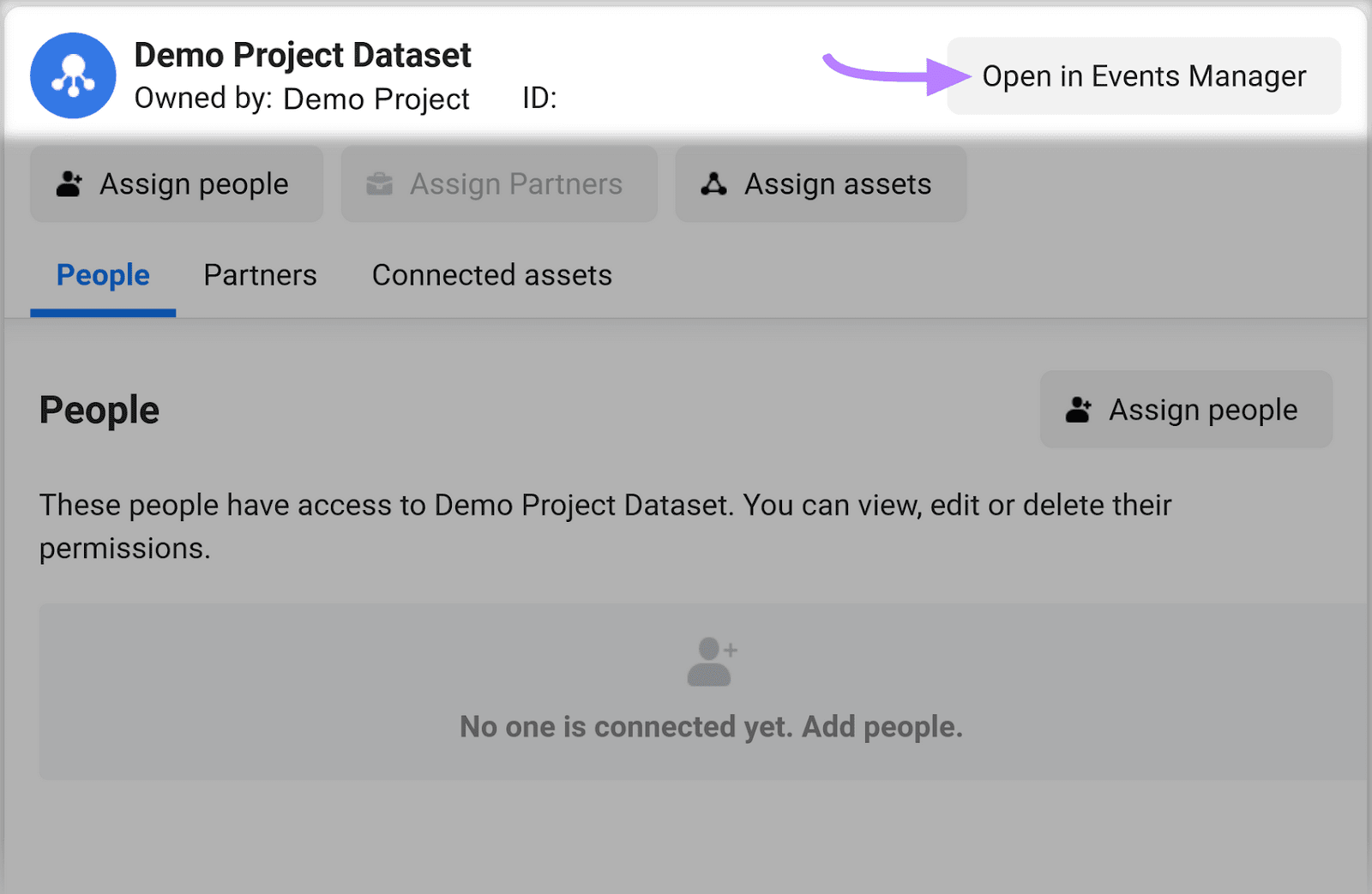 “Open in Events Manager” button highlighted next to the "Demo Project Dataset"