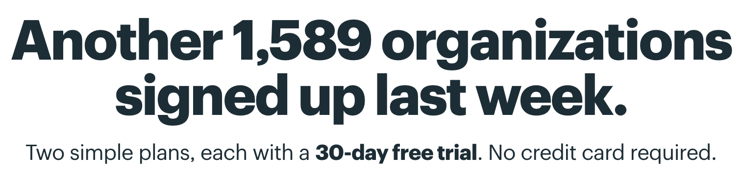Basecamp's banner with "Another 1,589 organizations signed up last week." copy