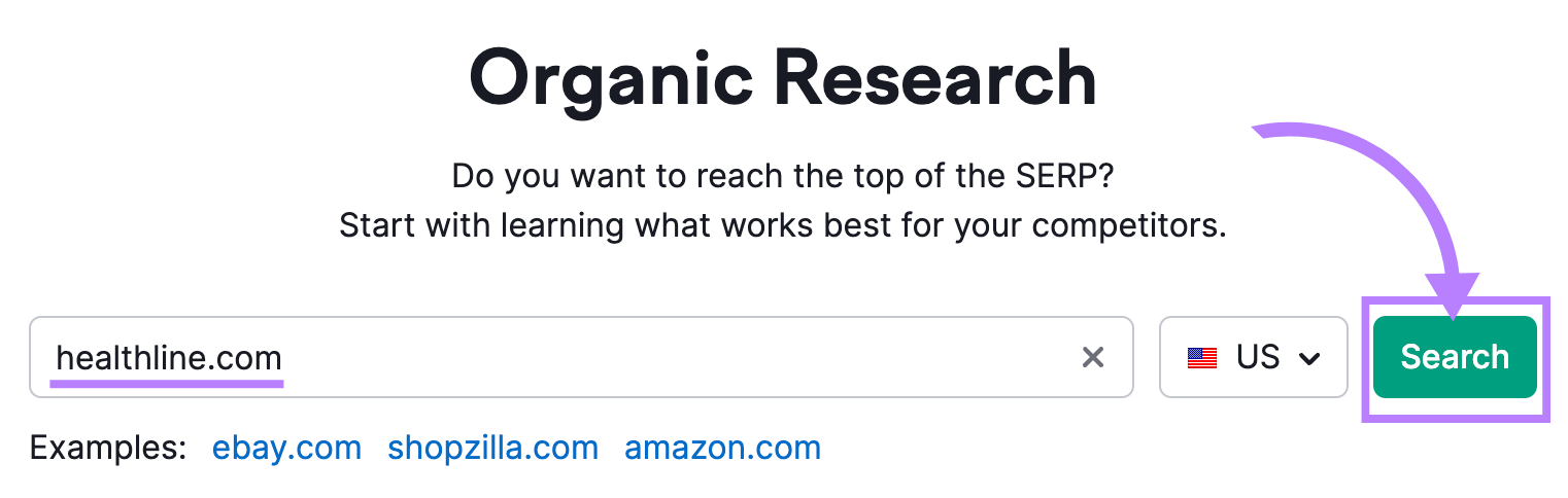 "healthline.com" entré dans la barre de recherche Organic Research