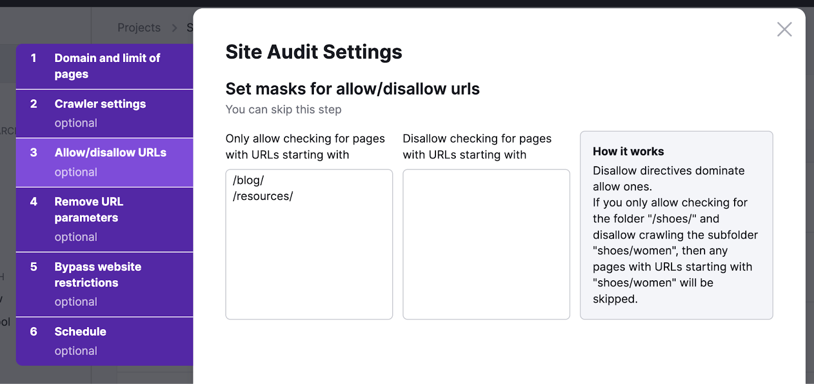 Including /blog/, /resources/ in Site Audit "allow" urls