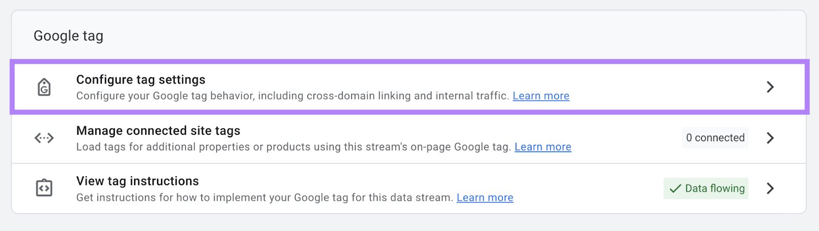 “Configure tag settings” option highlighted under "Google tag" section