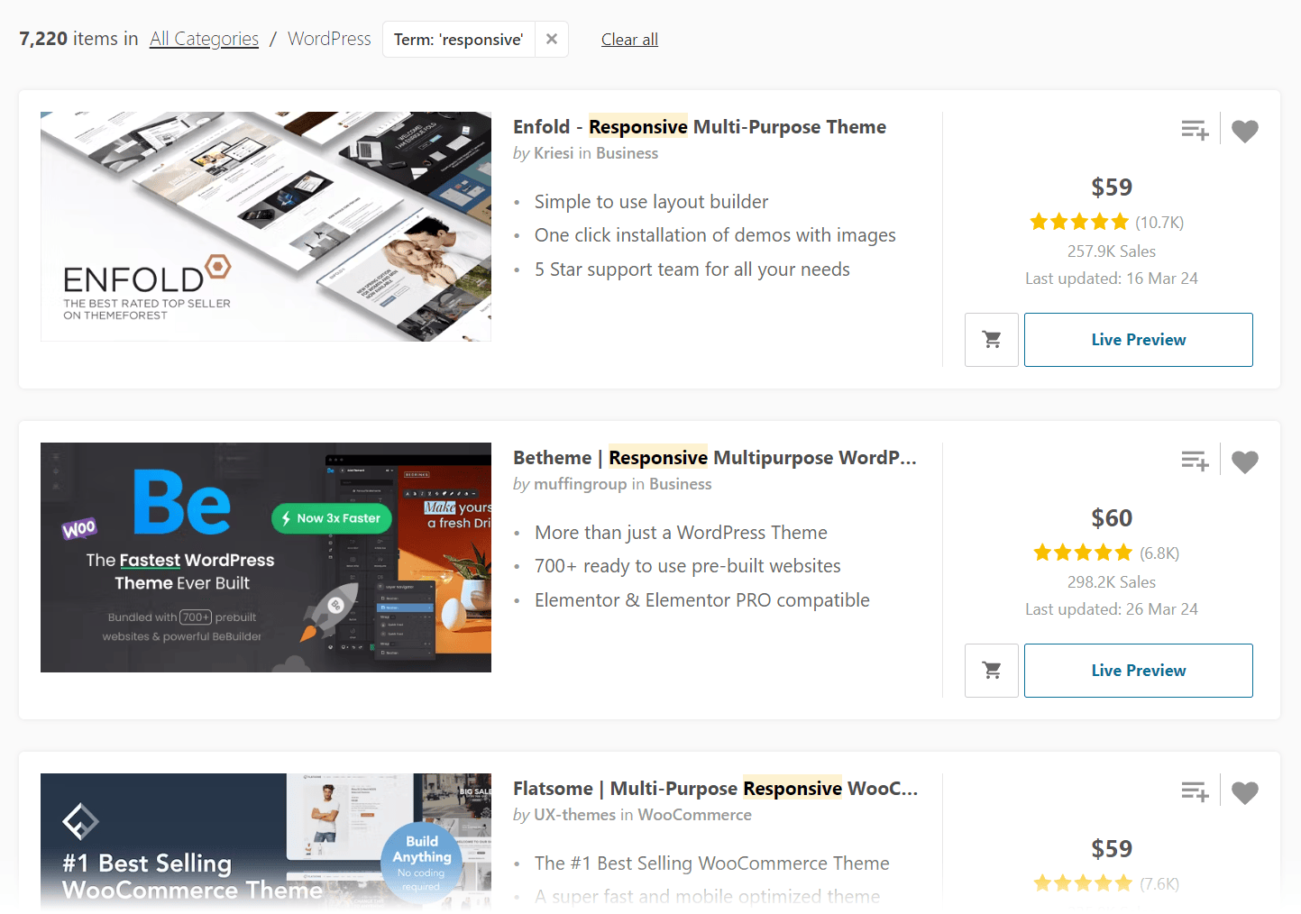 Themeforest marketplace results showing responsive WordPress themes