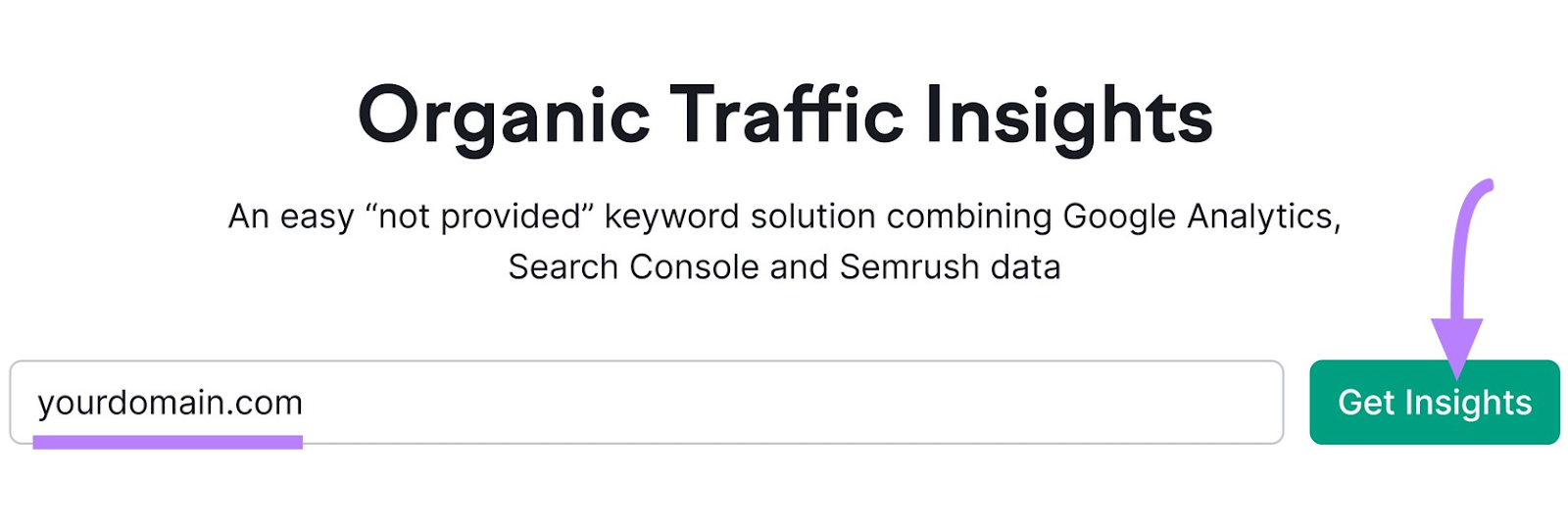 Organic Traffic Insights with a domain entered and "Get Insights" clicked.