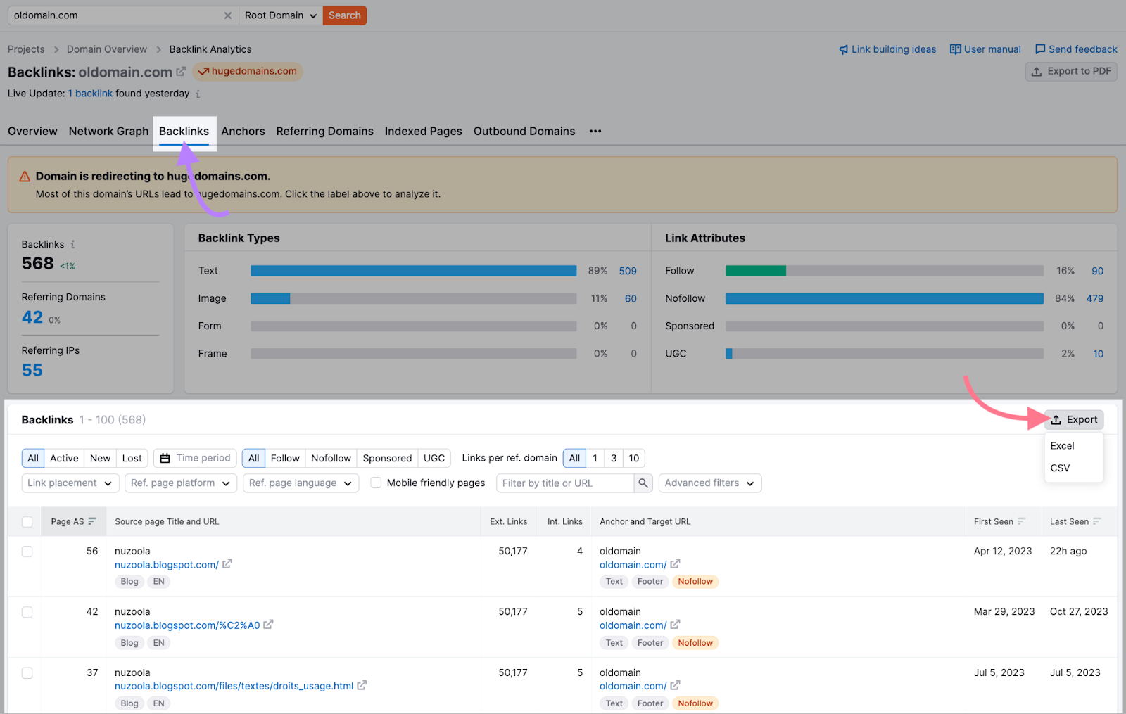 "Backlinks" tab in Backlink Analytics tool