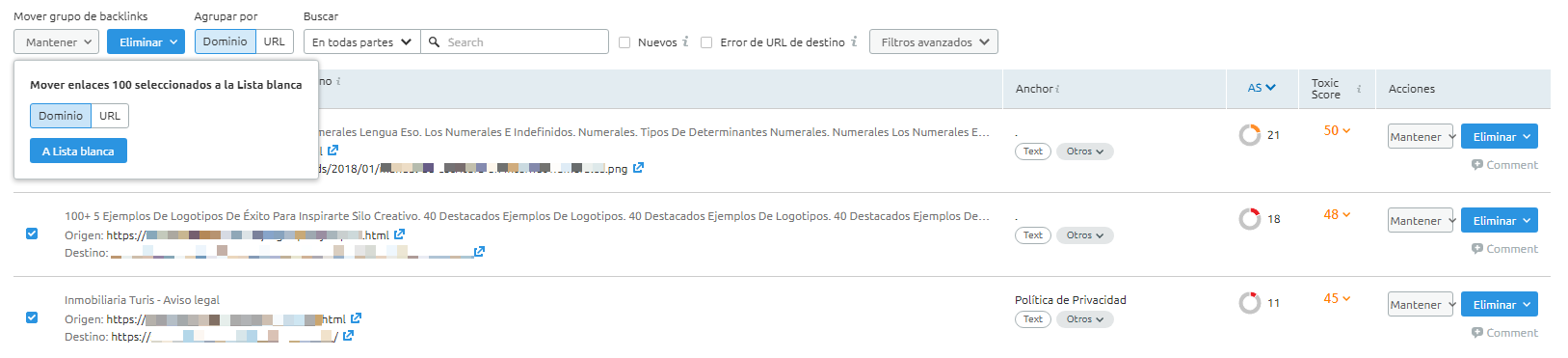 Toxic Backlinks - Backlink Audit lista blanca