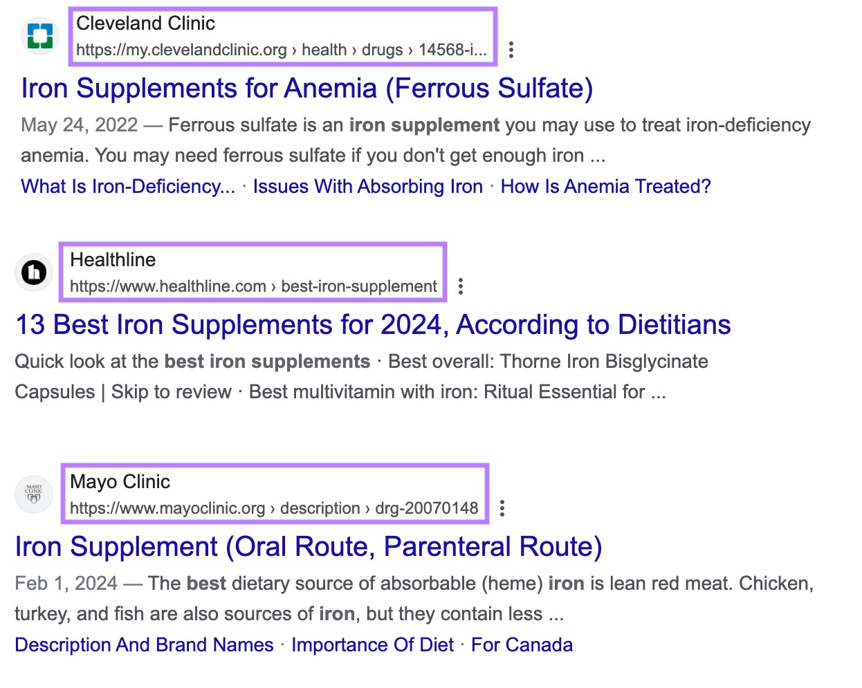 Top-ranking results for "best iron supplement" are informational pages from well-established health websites