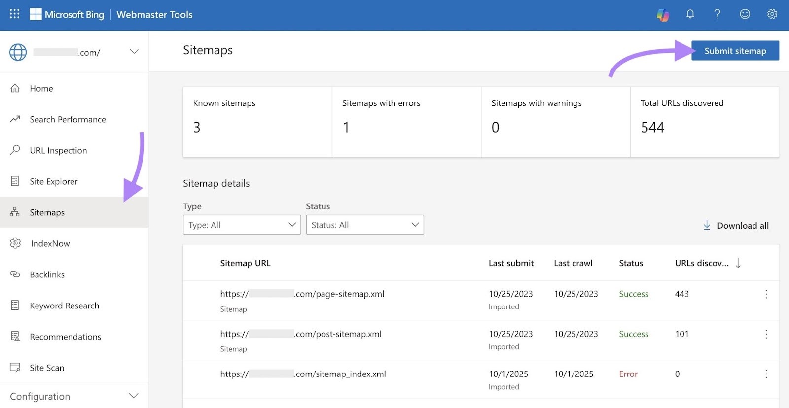 "Sitemaps" on Bing Webmaster Tools with the "Submit sitemap" button on the top-right corner clicked.