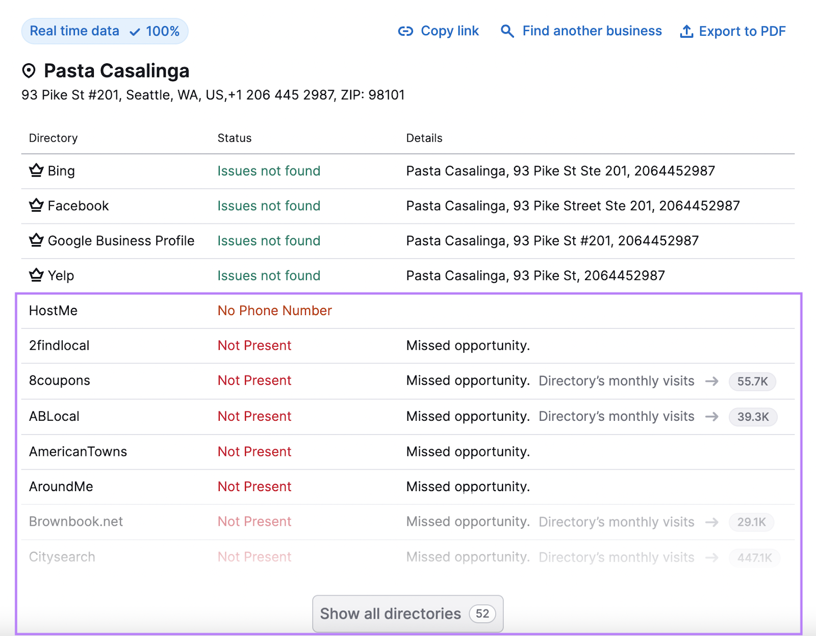 Listing Management tool results for "Pasta Casalinga"