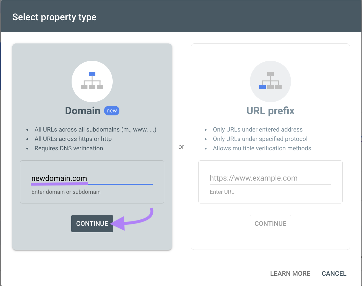 "Domain" selected from the "Select property type" window in Google Search Console