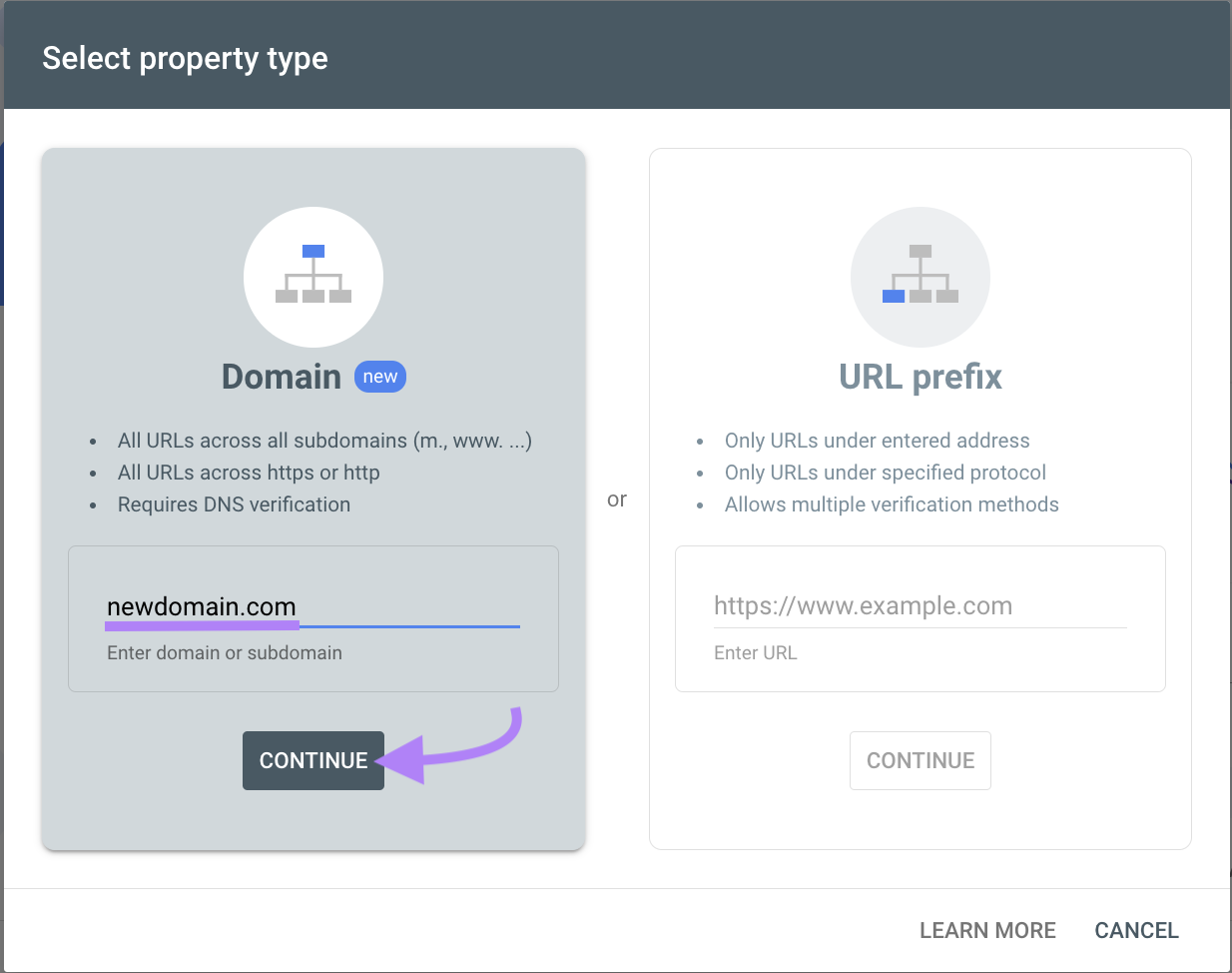 "Domain" ausgewählt aus dem Fenster "Eigenschaftstyp auswählen" in der Google Search Console