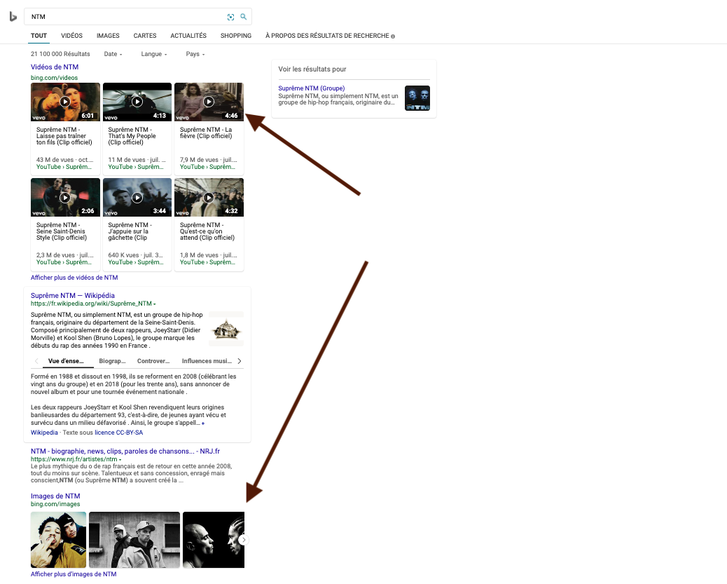 SERP de NTM sur BING