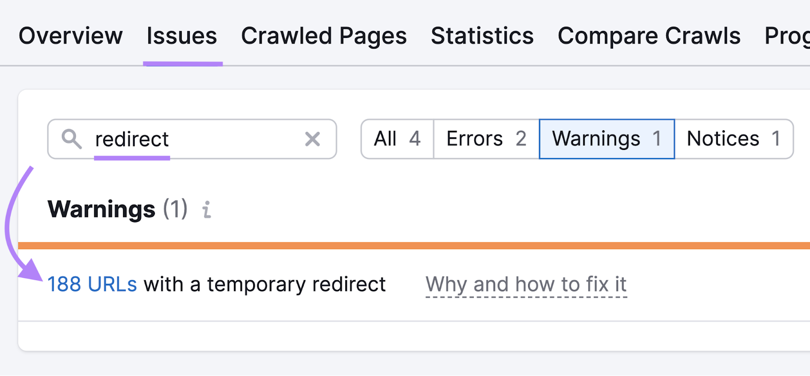 Results for "redirect" under the "Issues” tab in Site Audit