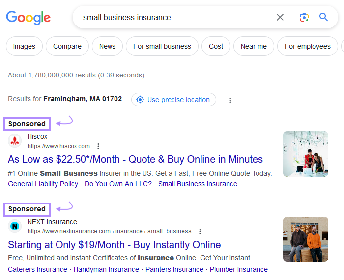 Google search ads for "small business insurance" query