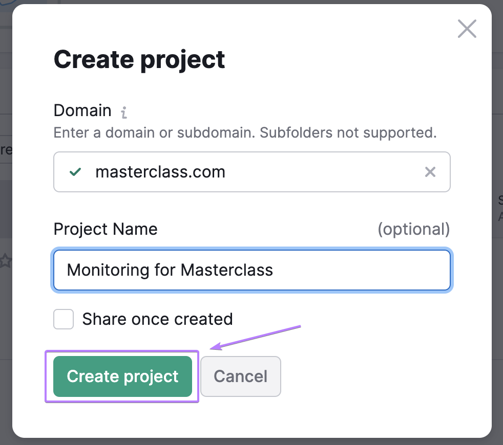 "Create project" pop-up window in Position Tracking tool