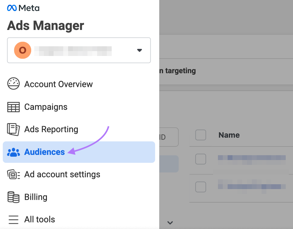 “Audiences” button highlighted in Meta Ads Manager page menu