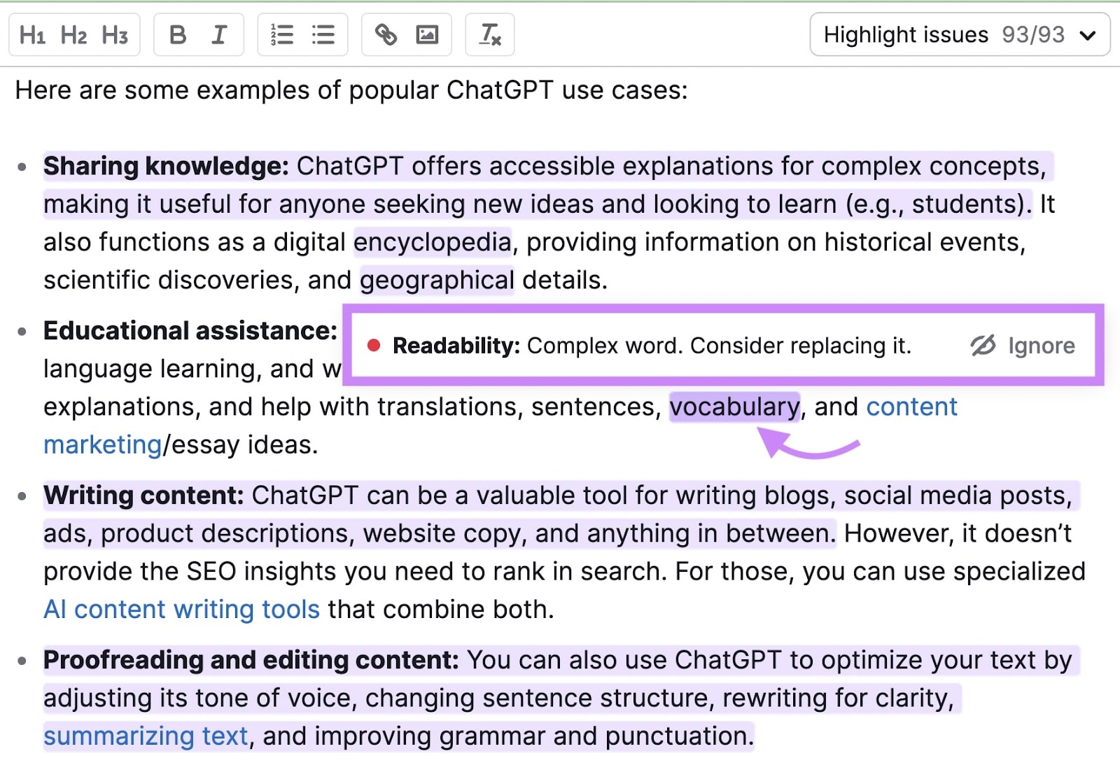 SEO Writing Assistant marks text with readability issues in purple color