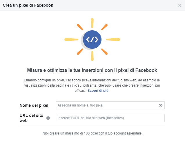 Inserisci i dati richiesti e crea il tuo pixel per Facebook
