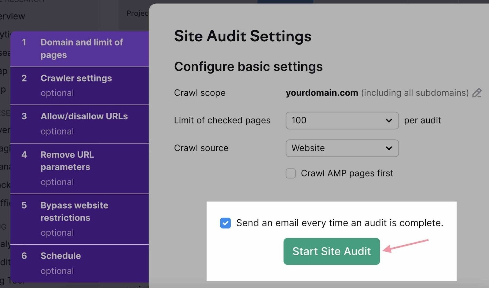 Start Site Audit button highlighted
