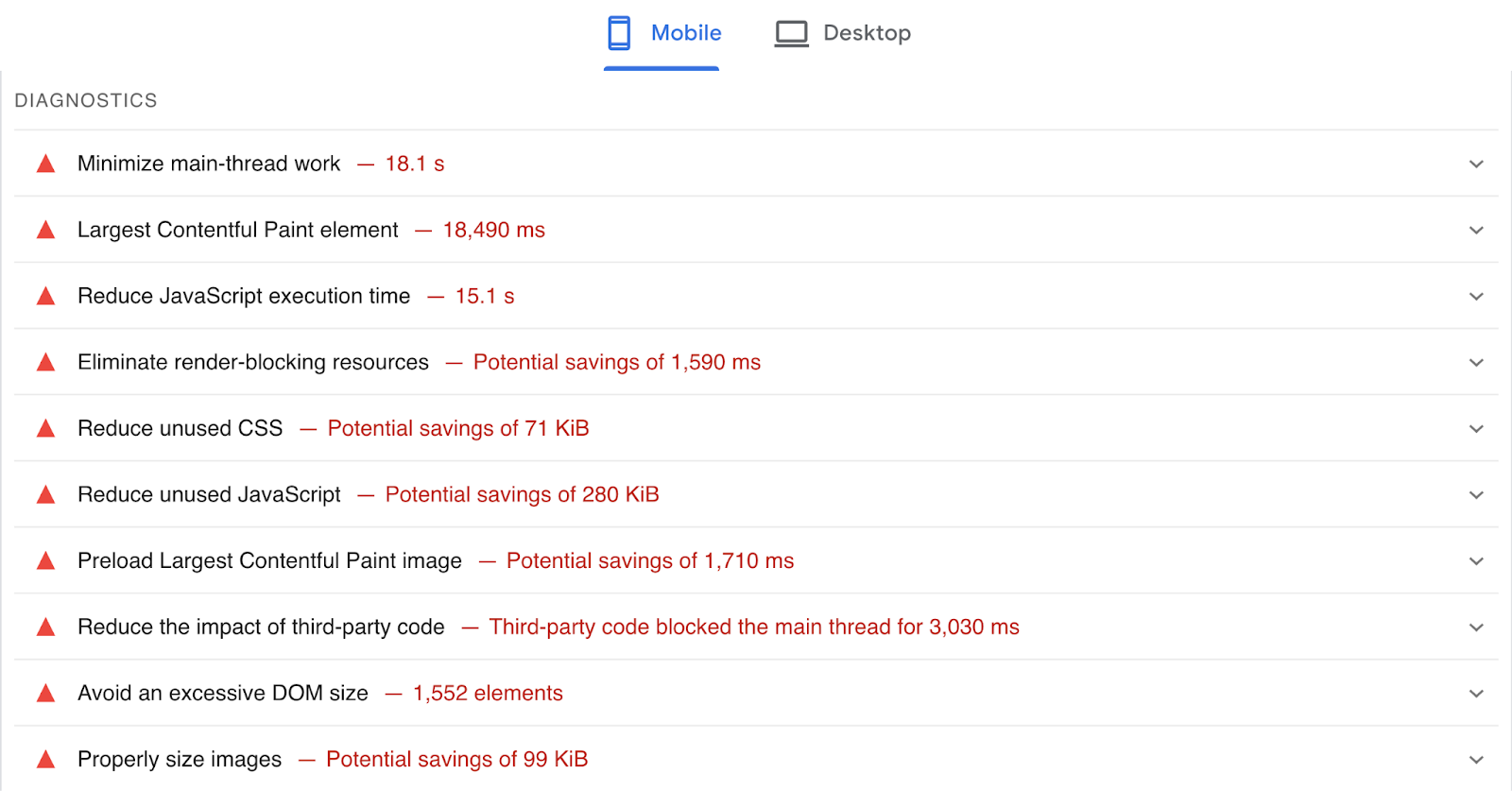 diagnostics issues include reduce javascript time, reduce unused css, preload LCP image, and more