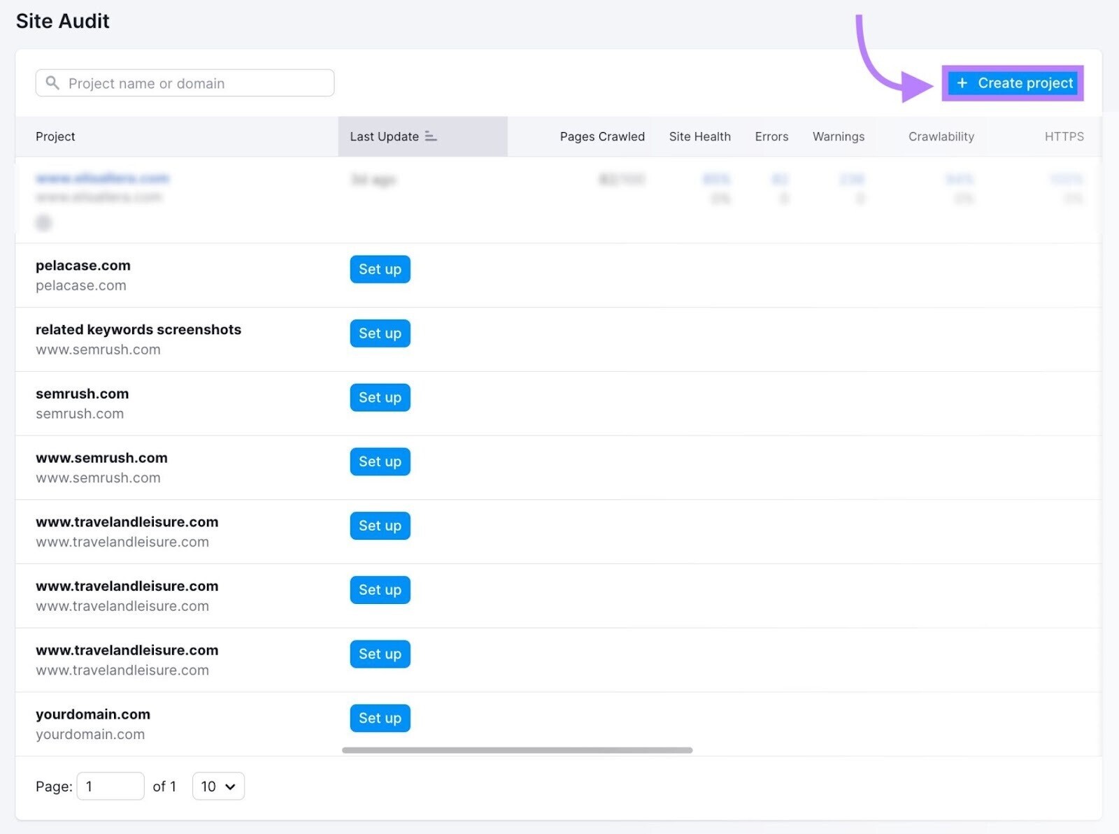 Create a project in Site Audit tool