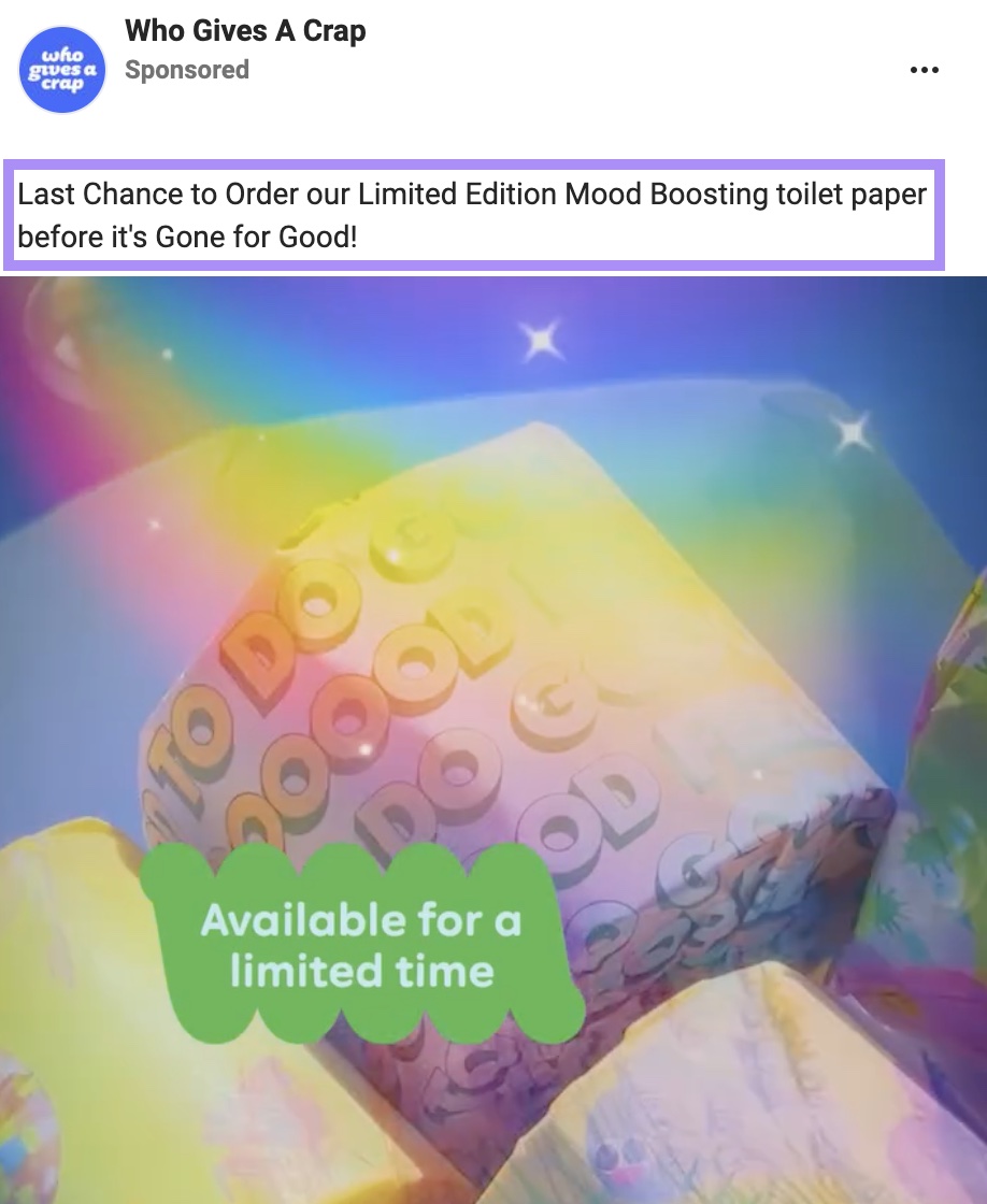 Who Gives a Crap's "Last chance to order our limited edition mood boosting toilet paper before it's gone for good!" copy