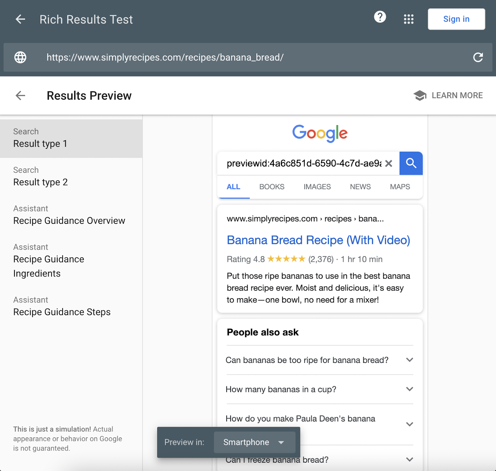 Rich Results Test preview shows a search result with star rating and time to make on mobile devices.