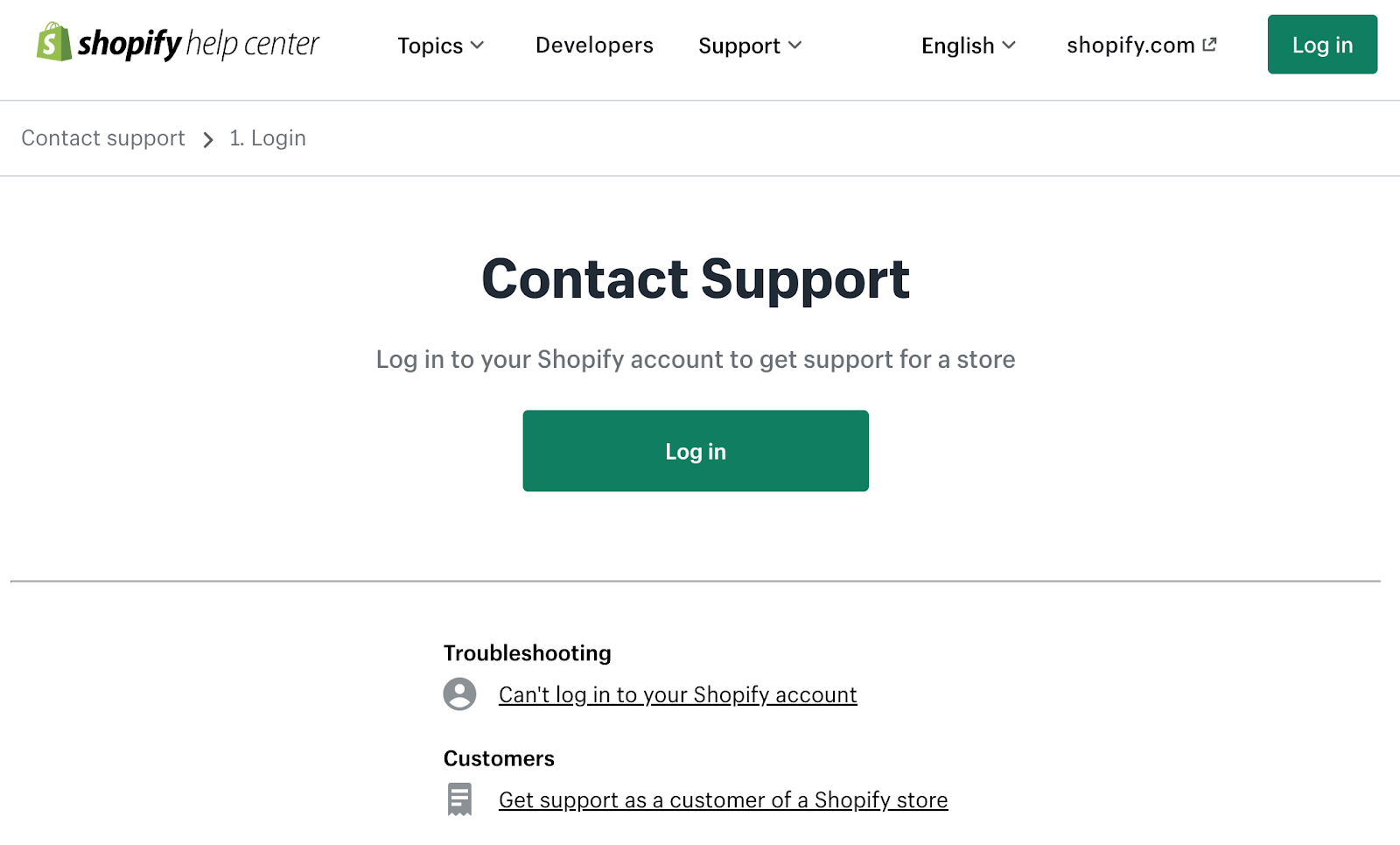 Shopify Contact Support page