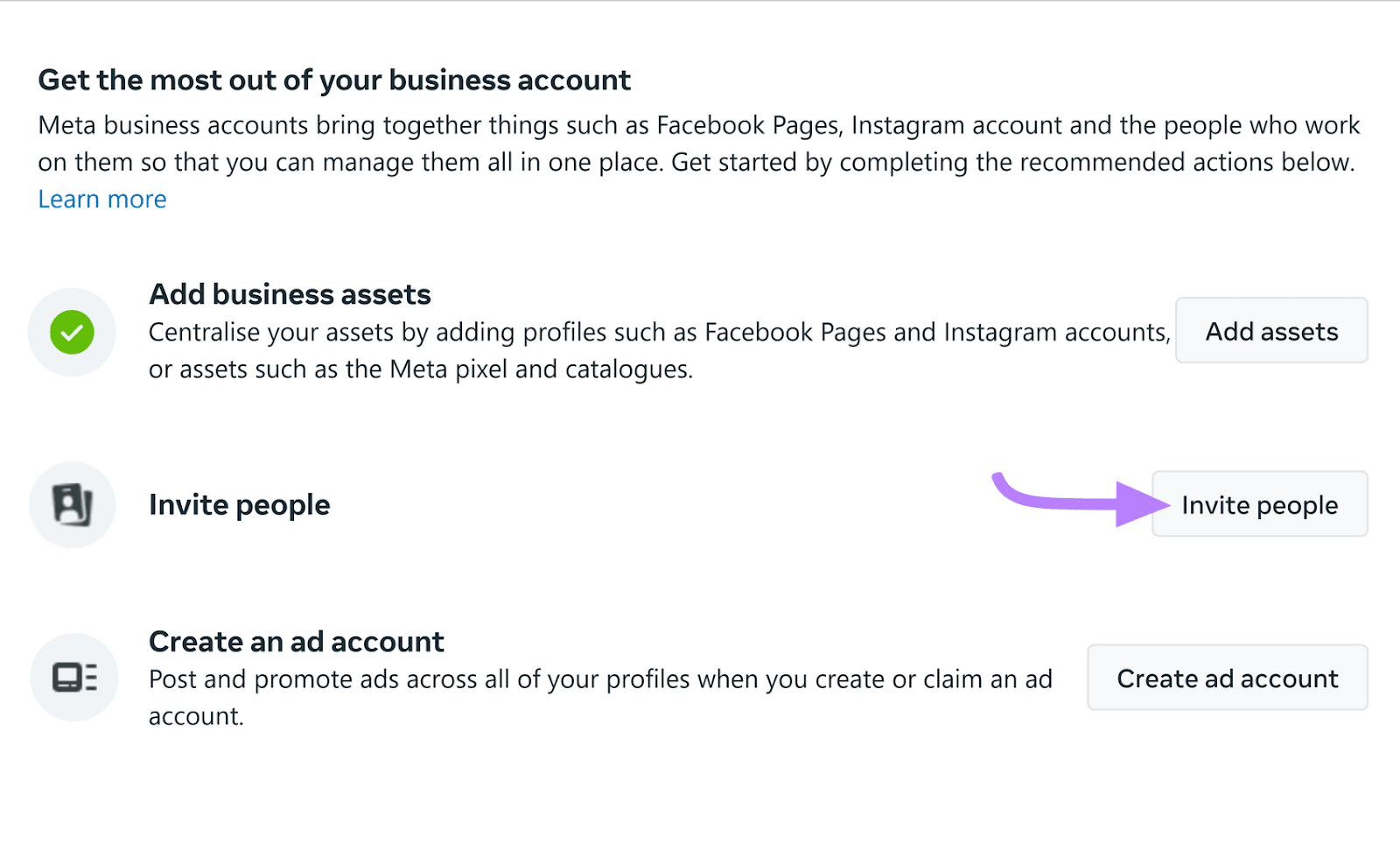 “Invite people" button selected under Facebook Business Manager settings step