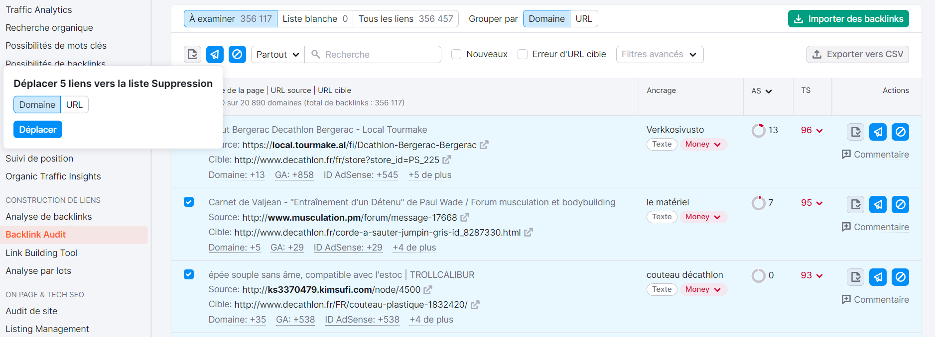 Semrush, Backlink Audit, suppression