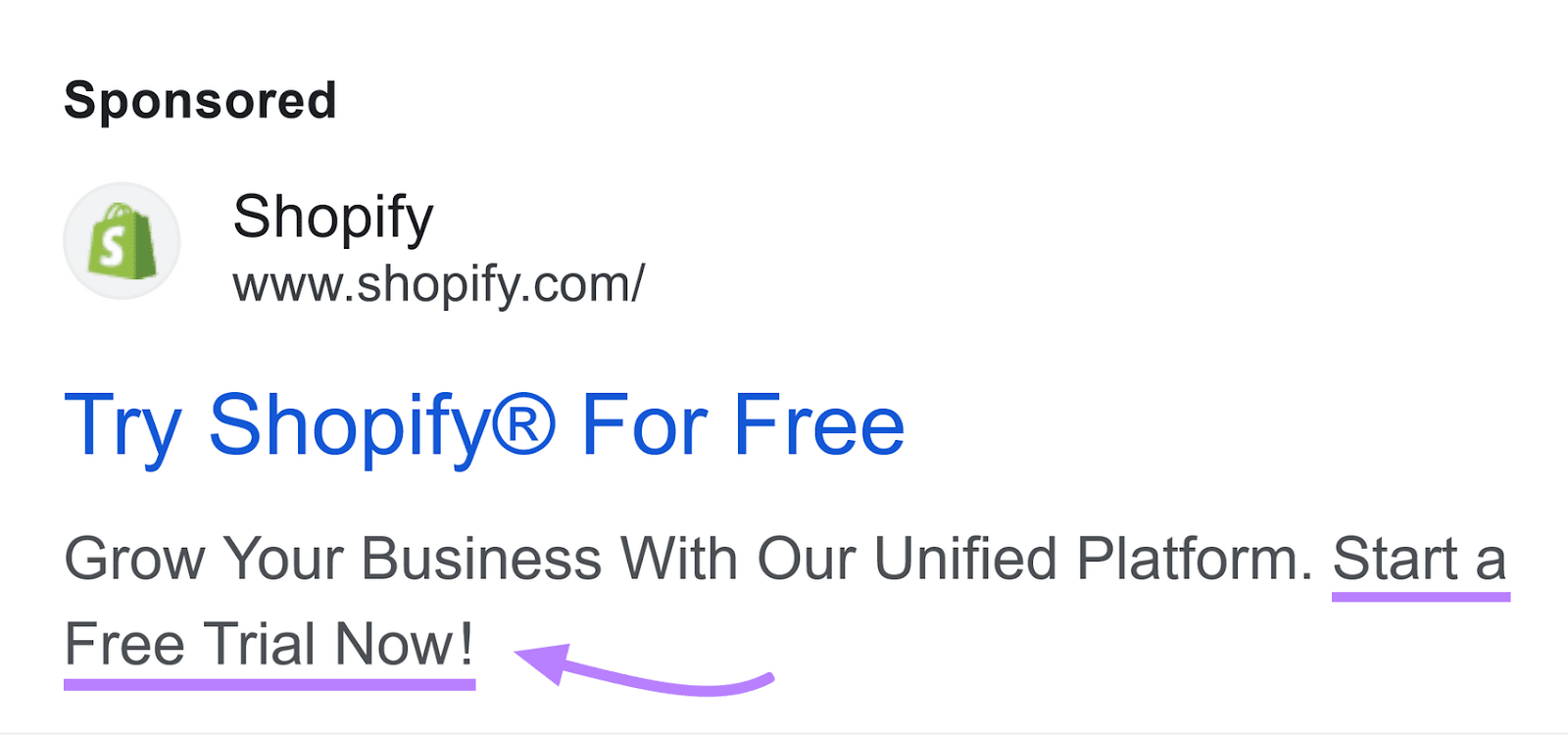 A CTA that reads "Start a Free Trial Now!" highlighted under Shopify's ad
