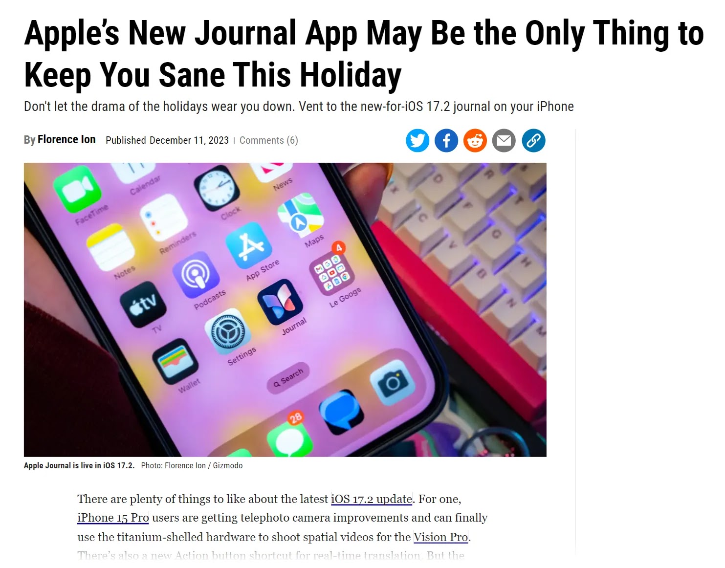 Gizmodo's article titled: "Apple's new journal app may be the only thing to keep you sane this holiday"
