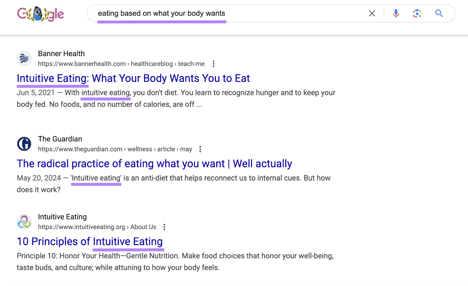 search for the query shows organic results about "intuitive eating"