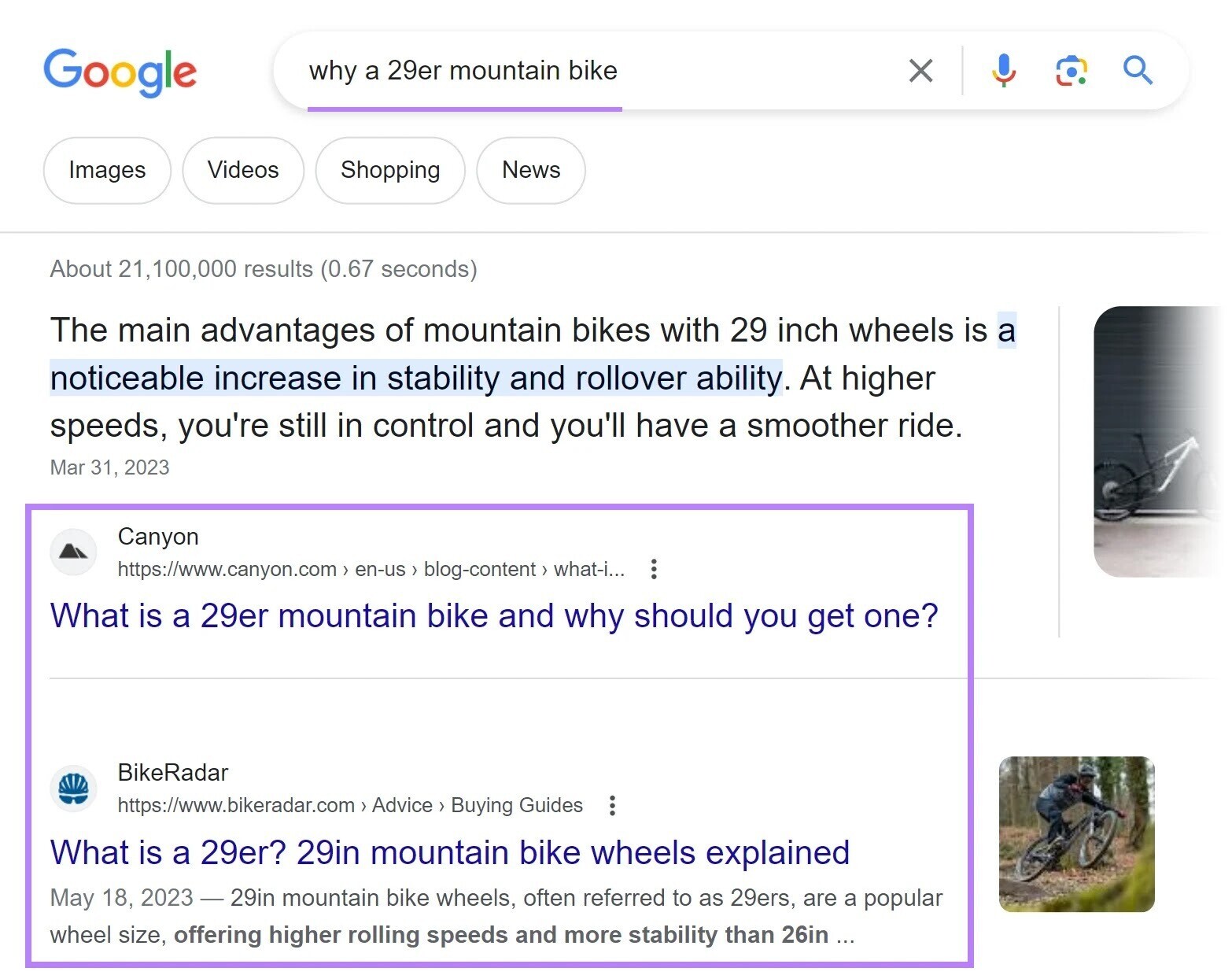 Google SERP pour « pourquoi un VTT 29 pouces »