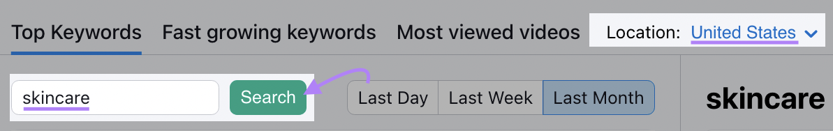 "skincare" keyword entered into search bar and location set to US