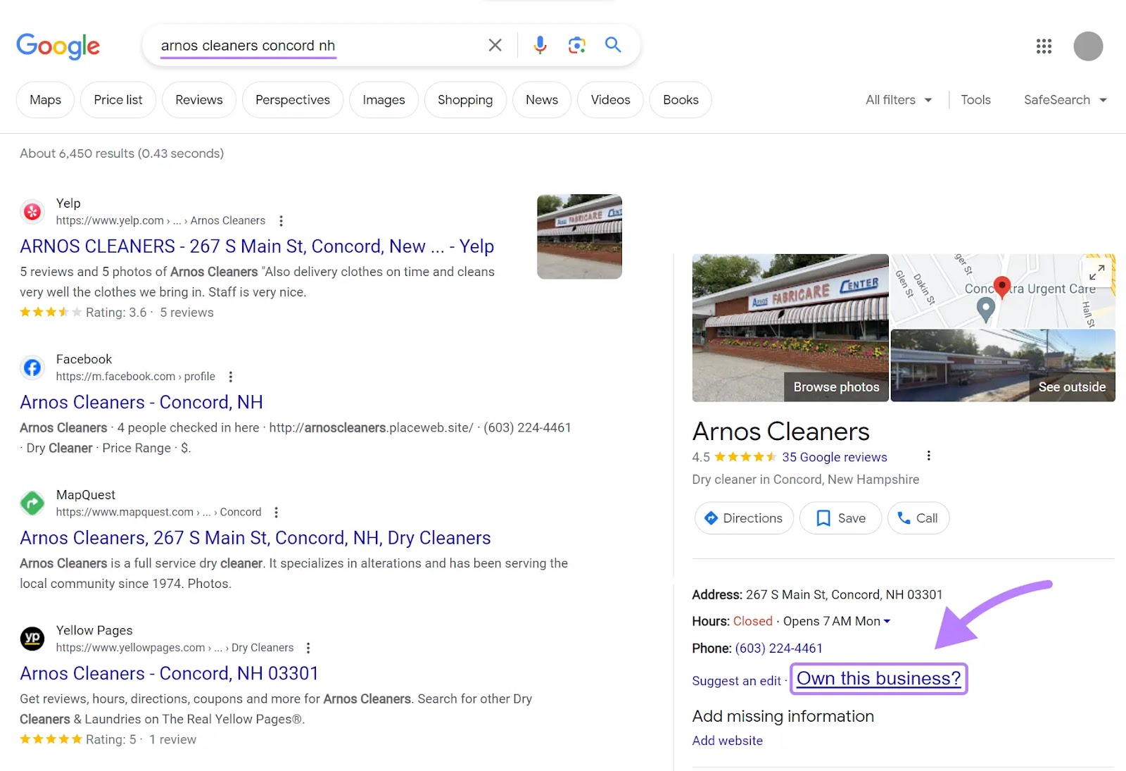 “Own this business?” link highlighted under "Arnos Cleaners" business on Google