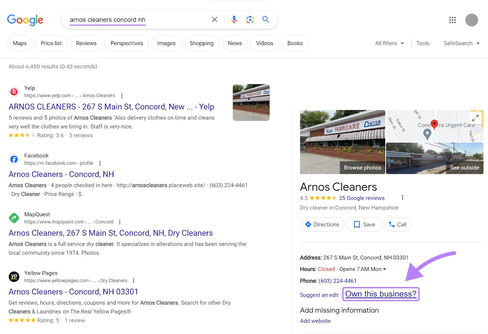 “Sở hữu doanh nghiệp này?” liên kết được đánh dấu trong mục kinh doanh "Arnos Cleaners" trên Google