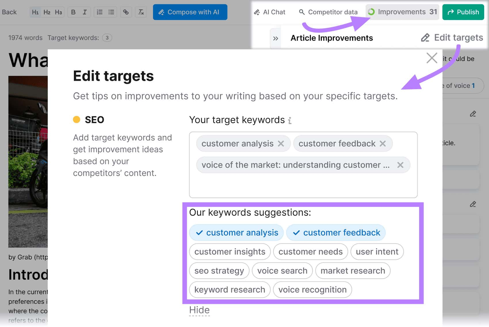 "Edit targets" pop-up window in Content Shake AI