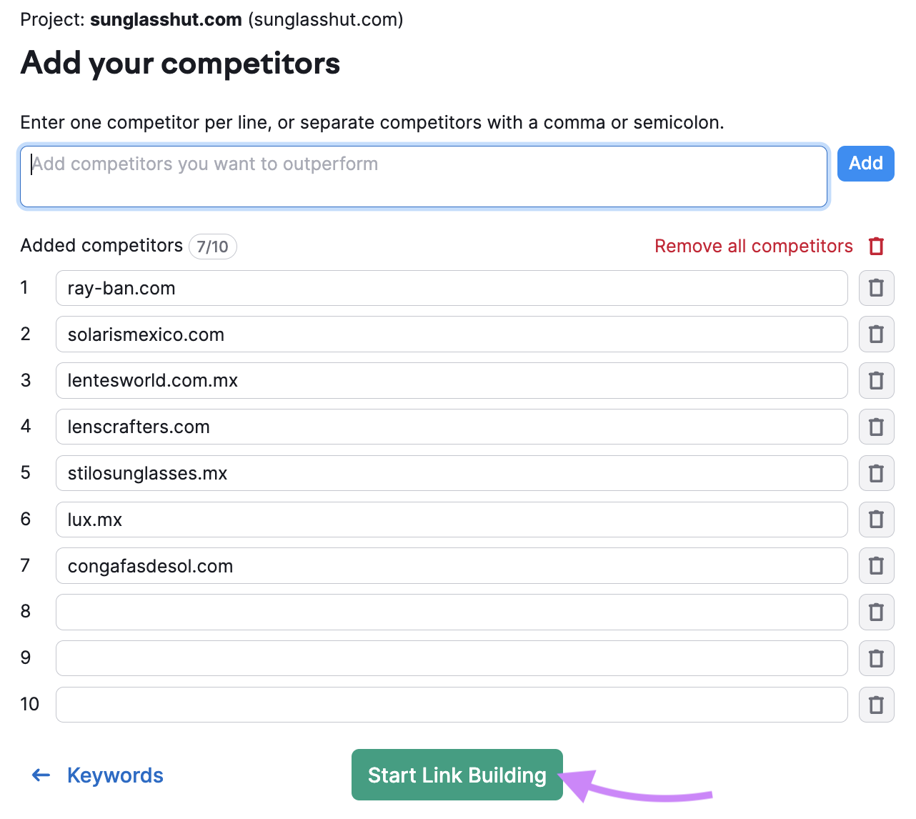 "Add your competitors" page successful Link Building Tool allows you to adhd competitors