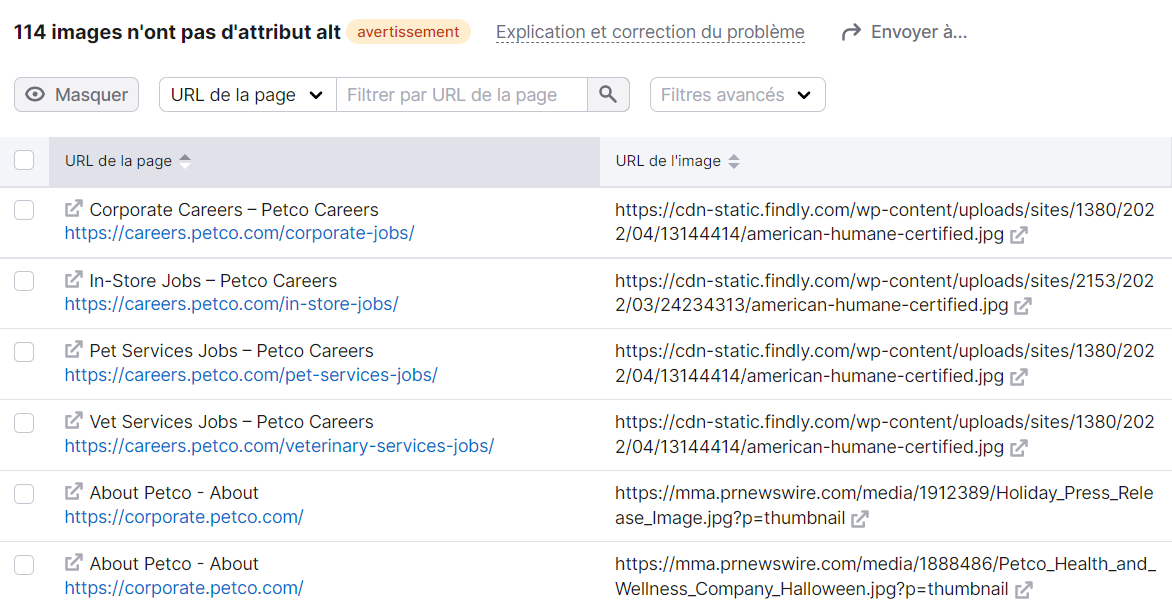 Pages avec des attributs alt manquants relevés par l’Audit de site